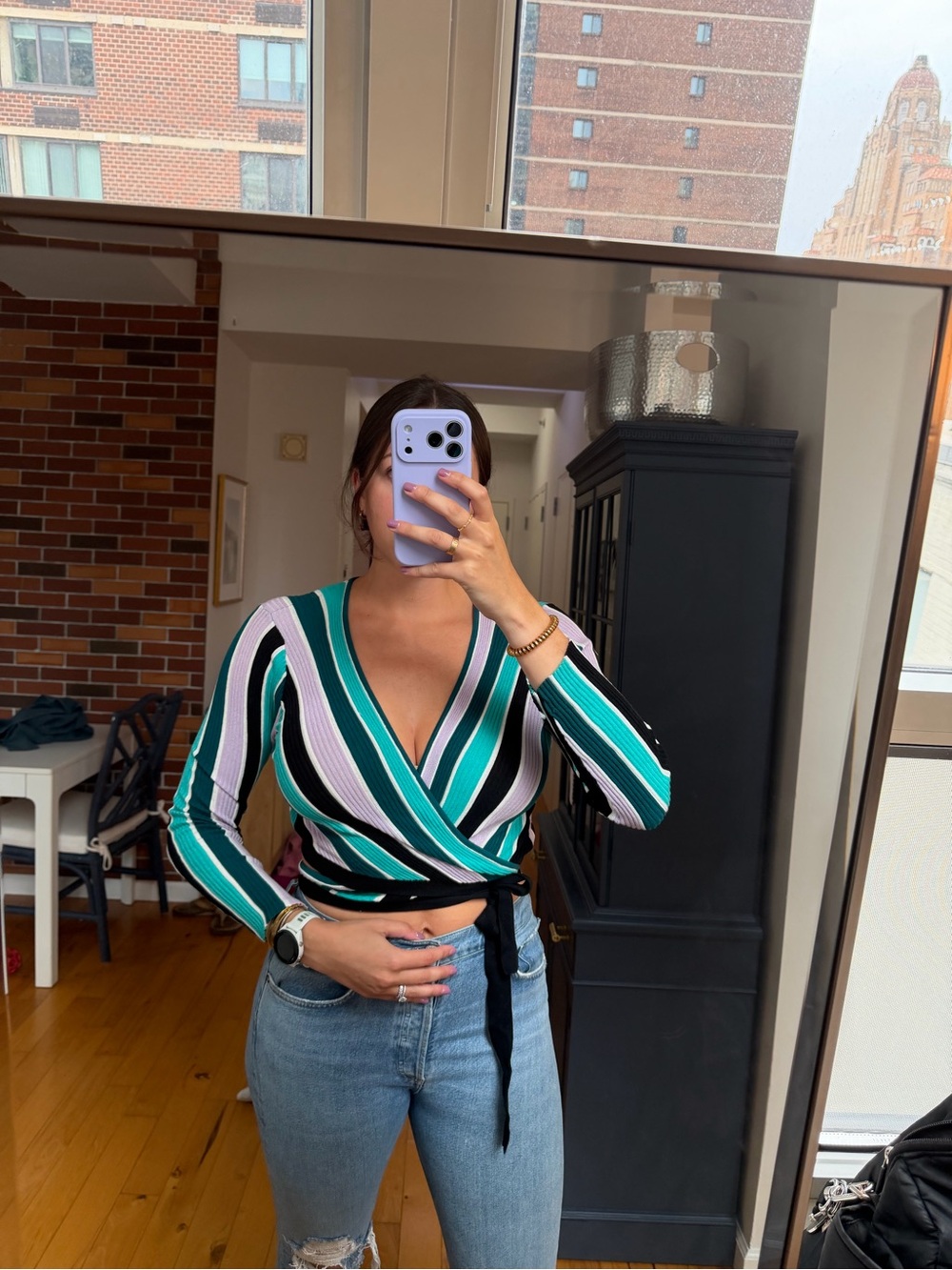 Show me your MuMu Striped Wrap Long-Sleeve Top in Teal and Black